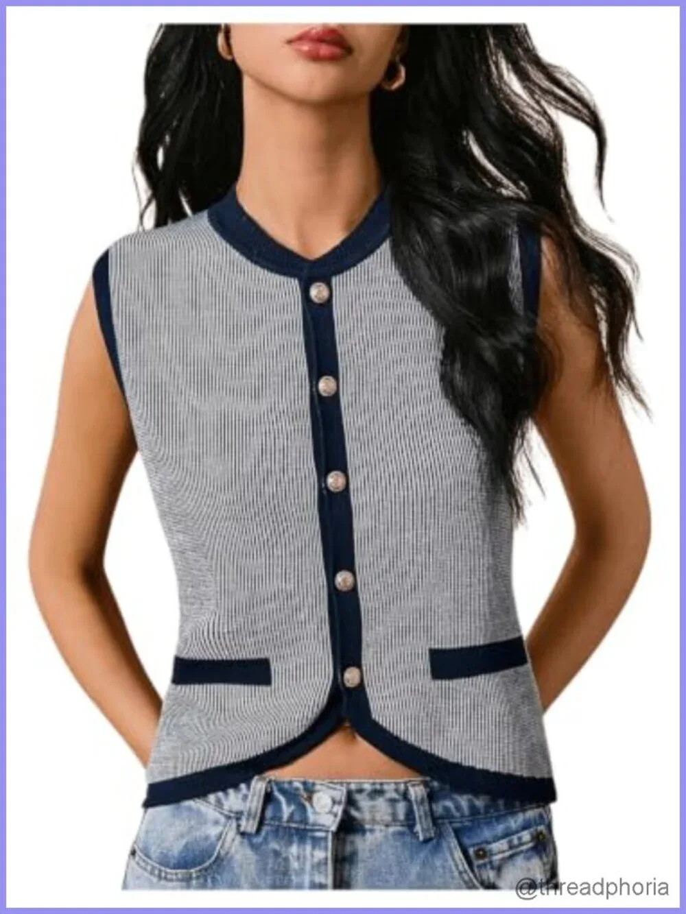 Contrast Trim Striped Dressy Sweater Vest Sleeveless Knit Button Up